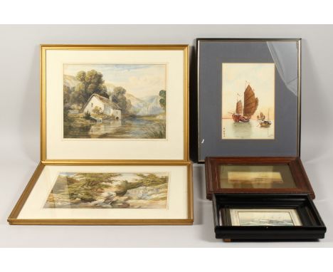 HENRY HEWITT (1818 - 1879) BRITISH, A PAIR OF WATERCOLOUR LANDSCAPES OF RIVER SCENES. 10ins x 14ins along with a small waterc