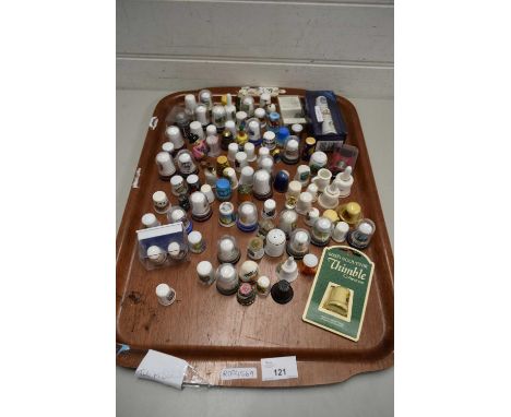 WOODEN TRAY CONTAINING A QUANTITY OF CERAMIC THIMBLES