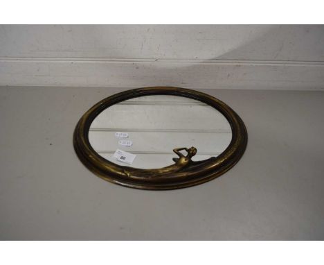 ART NOUVEAU MIRROR OF OVAL SHAPE WITH METAL SURROUND AND MODEL OF A YOUNG LADY IN ART NOUVEAU STYLE