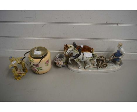 CERAMIC GROUP OF PLOUGHMAN WITH HORSES, BISCUIT BARREL WITH BRASS MOUNTS ETC
