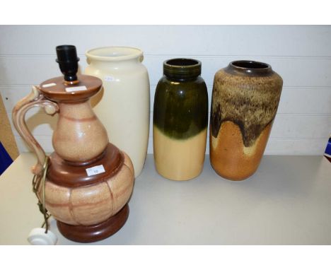 QUANTITY OF WEST GERMAN POTTERY INCLUDING THREE LARGE VASES AND A POTTERY LAMP (4)