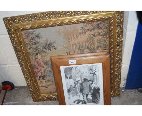TWO PRINTS OF THE CHESTNUT VENDOR AND FURTHER TAPESTRY TYPE PRINT IN GILT FRAME (3)
