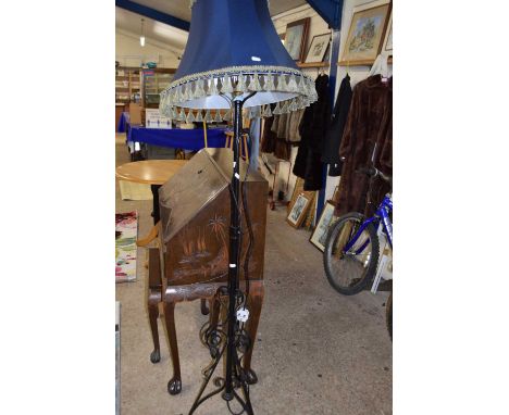 WROUGHT IRON STANDARD LAMP, BLACK PAINTED WITH BLUE SHADE