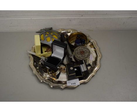 SILVER PLATED DISH CONTAINING METAL WARES INCLUDING AN AA BADGE AND SOME COSTUME JEWELLERY