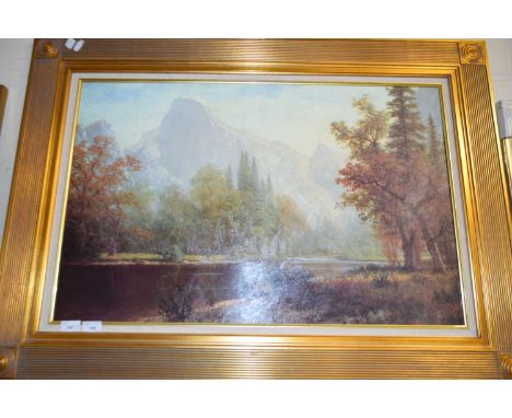 AFTER ALBERT BIERSTADT, MOUNTAIN LANDSCAPE, TEXTURED OLEOGRAPH, GILT FRAMED