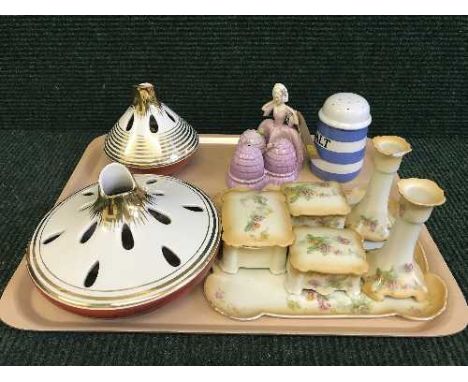 A tray of T G Green salt sifter, pair of Royal Winton flower holders, six piece china trinket set together with a three piece