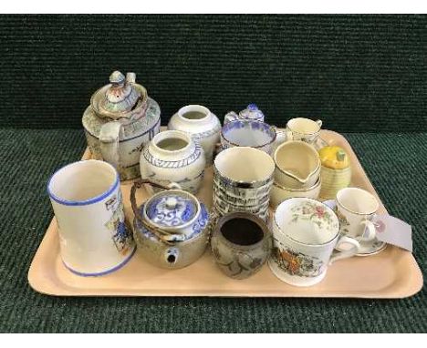 A tray of early twentieth century china, Woods milk jug and basin, field flowers pottery mug, Crown Devon cup and saucer, blu