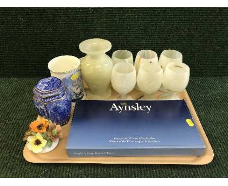 A tray of marble vase and set of six goblets, Hammersley china tankard, boxed caddy, Aynsley plate etc 
