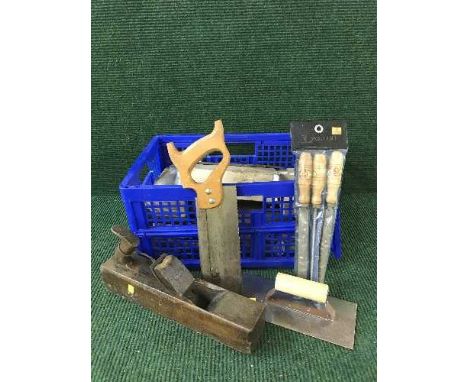 Two boxes of wood working planes, chisels, oil can, boxed child's tool kit