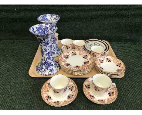 A tray of eighteen piece Victorian tea service, pair of Royal Cauldon blue and white vases, two Sunderland lustre plaques - P
