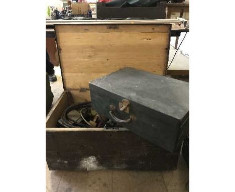 Two antique pine boxes together with small quantity of hand tools, compressor attachments etc 