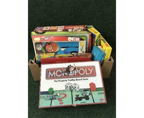 Two boxes of assorted board games, Ludo, Spiromatic , magic robot etc 
