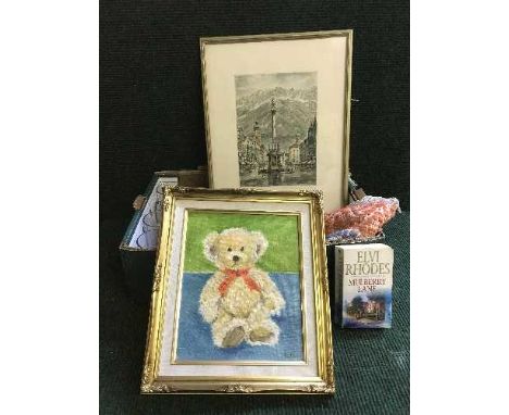 Two boxes of Le Creuset oven dish, Poole lidded tureen, avocado dishes, box of tankards, fringed hanging, oil on board signed