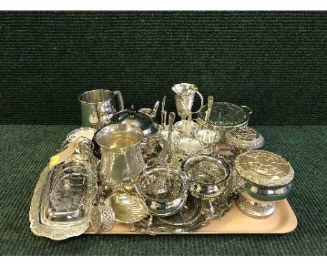 A tray of large quantity of plated items, three piece tea service on tray, toast rack, miniature wine coolers, napkin rings e