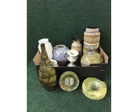 A box of west German stick stands, assorted vases, marble mantle clock together with two marble table lamps and shades etc