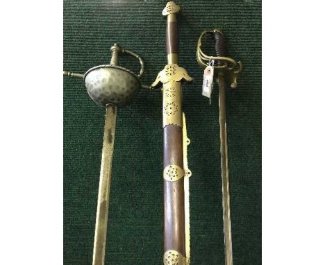 Two basket hilted swords, together with a Chinese sword in scabbard (3)