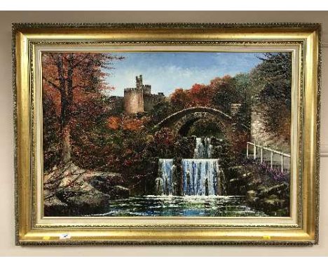 Dallas K Taylor : A waterfall by a bridge with castle beyond, oil on board, signed.