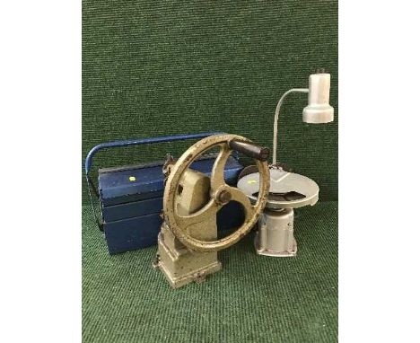 A box of air compressor, electric sprayer, compressor attachments, metal tool box and tools, garden kneeler etc 