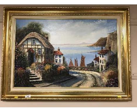 Dallas K Taylor : Cottages on a cobbled street, oil on board, signed.