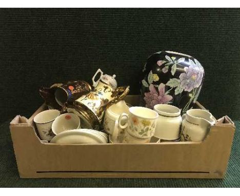 A box and basket of Royal Doulton Lambeth ware dinner service, copper lustre vases, tea cup planter, lidded vase, plated item