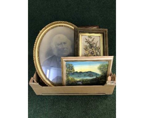 A box of framed antiquarian pictures including a hand painted floral panel, photographs, three mahogany framed maps 