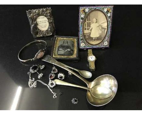 A Georgian silver soup ladle, a Victorian deguerreotype, a mosaic photograph frame, a quantity of costume jewellery etc (Q)