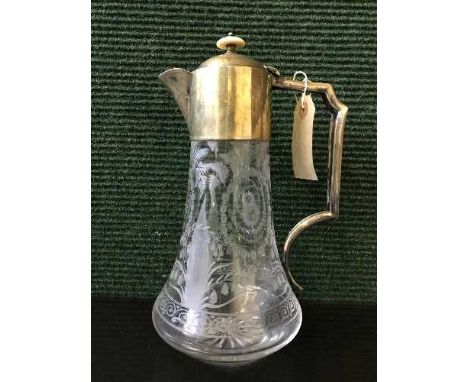 An etched glass and silver plated claret jug together with a Nao figure of a swan and small plated pin dish