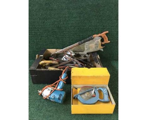 Two boxes of Ross circular saw attachment, hand saw, hammers, power tools etc 