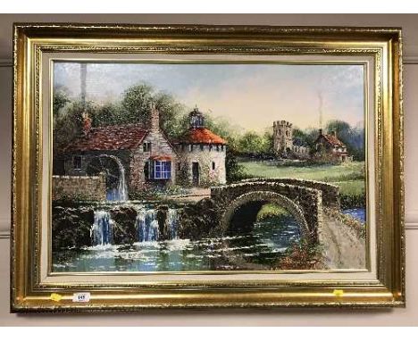 Dallas K Taylor : A water wheel by a bridge, oil on board, signed.