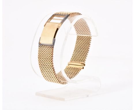 
	
		UNSIGNED
		A GOLD COLOURED WOVEN WATCH BRACELET
		With ladder snap clasp, stamped 585, 46g 

	

