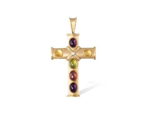 A GEM-SET AND DIAMOND CROSS PENDANTThe Latin cross set with oval-shaped amethyst, citrine, peridot and tourmaline cabochons, 