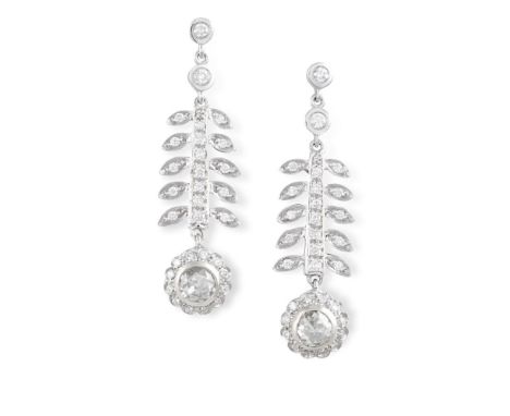 A PAIR OF DIAMOND PENDENT EARRINGSEach designed as a row of leaves, set with round brilliant-cut diamonds, terminating with a