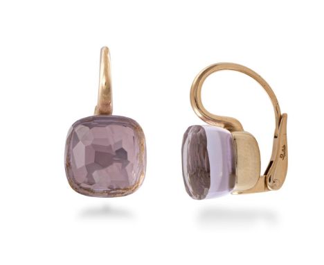 A PAIR OF AMETHYST AND GOLD 'NUDO' EARRINGS, BY POMELLATOEach earring set with a square faceted 'Rose de France' amethyst, to