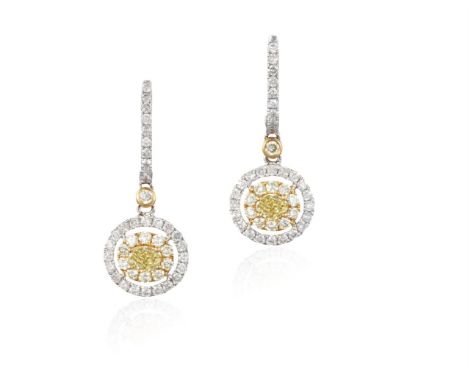 A PAIR OF FANCY COLOURED DIAMOND AND DIAMOND PENDENT EARRINGSEach oval-shaped yellow diamond, within a brilliant-cut yellow d