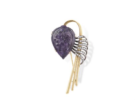 AN AMETHYST AND DIAMOND FLOWER BROOCHDesigned as a tulip, the pear-shaped amethyst, carved with floral details on both front 