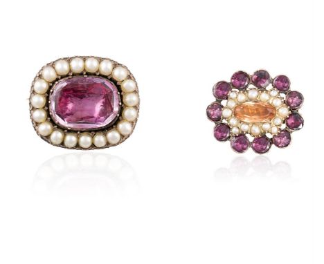TWO VICTORIAN GEM-SET AND SEED PEARL BROOCHESThe first brooch set with a foil-backed setting cushion-shaped pink topaz, to a 