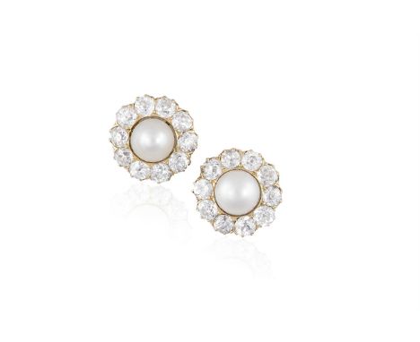 A PAIR OF PEARL AND DIAMOND EARRINGSEach round-shaped pearl, within a surround of old brilliant-cut diamonds, mounted in gold