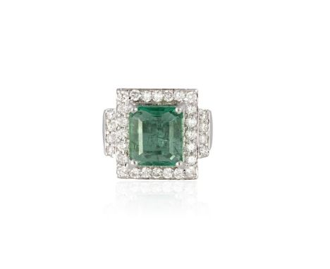 AN EMERALD AND DIAMOND RINGThe rectangular-cut emerald, weighing approximately 3.50cts, within a surround of round brilliant-