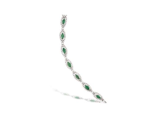 AN EMERALD AND DIAMOND BRACELETSet throughout with marquise-shaped emeralds, each within a round brilliant-cut diamond surrou