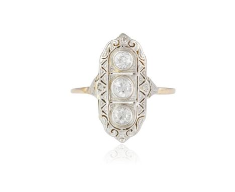AN EARLY 20TH CENTURY DIAMOND RING, CIRCA 1910The three collet-set transitional brilliant-cut diamonds, set vertically along 