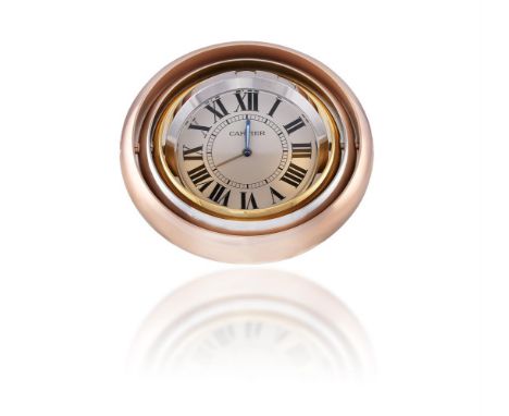 A TRINITY TRI-COLOUR ALARM DESK CLOCK, BY CARTIERThe silver dial with applied Roman numerals, inner minute track & secret sig