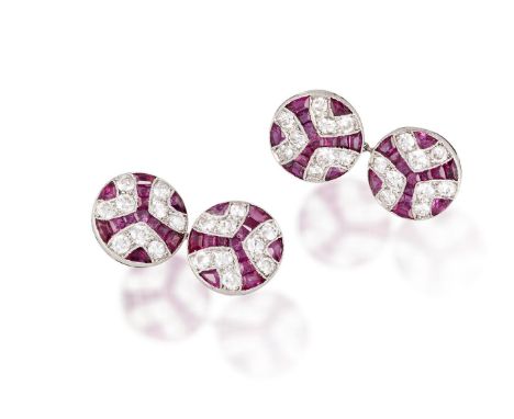 A PAIR OF DIAMOND AND RUBY CUFFLINKS, BY VAN CLEEF & ARPELS, CIRCA 1925The circular-links decorated with transitional round b