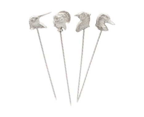 A 999 fine silver set of four 'Hunting' olive picks by James Suddaby. Each with Birmingham hallmark, length 12cm, total weigh