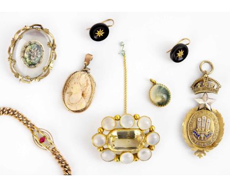 A selection of Victorian plated jewellery. Including a large citrine and agate brooch with a safety chain, 4.7cm x 3.5cm; a m
