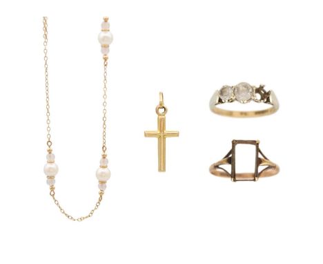 A selection of scrap 9k jewellery. To include a ring with missing rectangular stone, size N; a three stone ring, with one mis