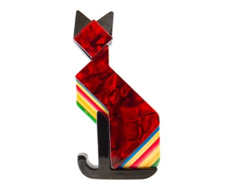 LEA STEIN - a multicoloured cat brooch. Height 7.5cm, based metal secured pin.