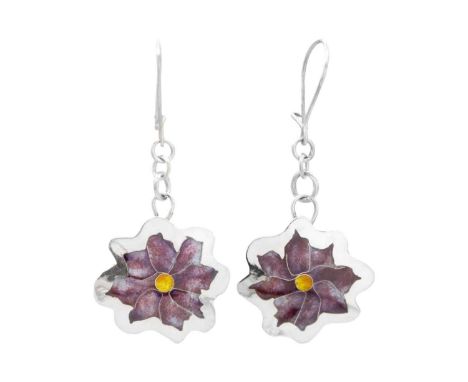 A 999 fine silver and enamel 'Clematis' pendant earrings by Samantha Suddaby. Monogrammed to the back, width of pendants 34mm