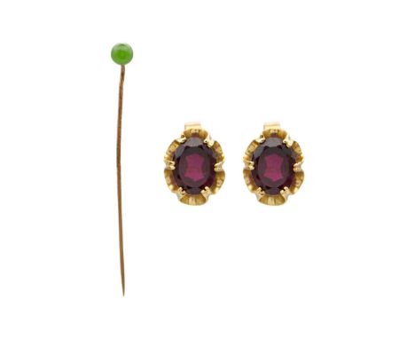 A pair of 9k gold rhodolite garnet stud earrings, with a 9k gold jade pin.  Earrings are 12mm x 9.5mm, the pin length is 5.5c