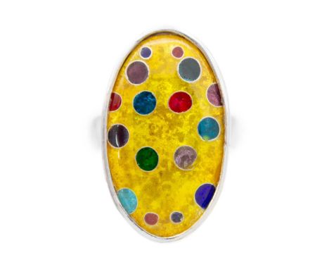 A 999 fine silver and cloisonne enamel 'Spotted Ladybird' ring by Samantha Suddaby. Birmingham hallmark, size O, 14.7g.