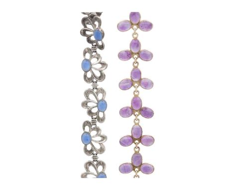 A selection of two silver bracelets. Including an oval cabochon amethyst bracelet, thirty stones, 6mm x 8mm each, stamped 925